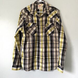 Levis Shirt Mens Medium Yellow Gray Pearl Snap Long Sleeve Hipster Western